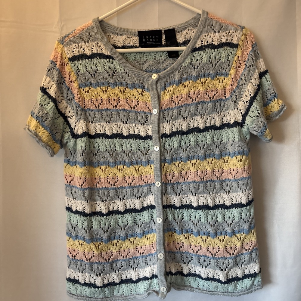 Vintage Liz Claiborne Crazy Horse Pastel Striped Short-Sleeve Knit Cardigan